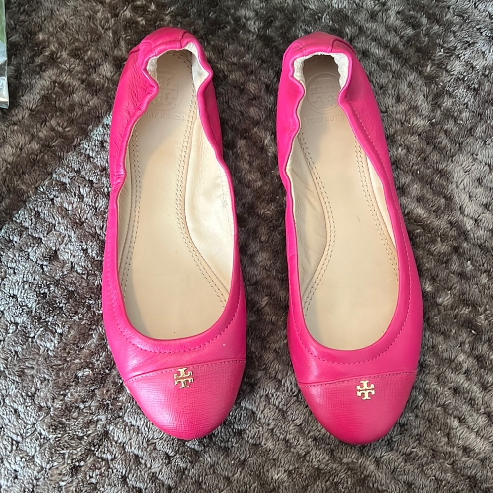 Tory Burch Hot Pink Leather Ballet Flats with Gold Logo